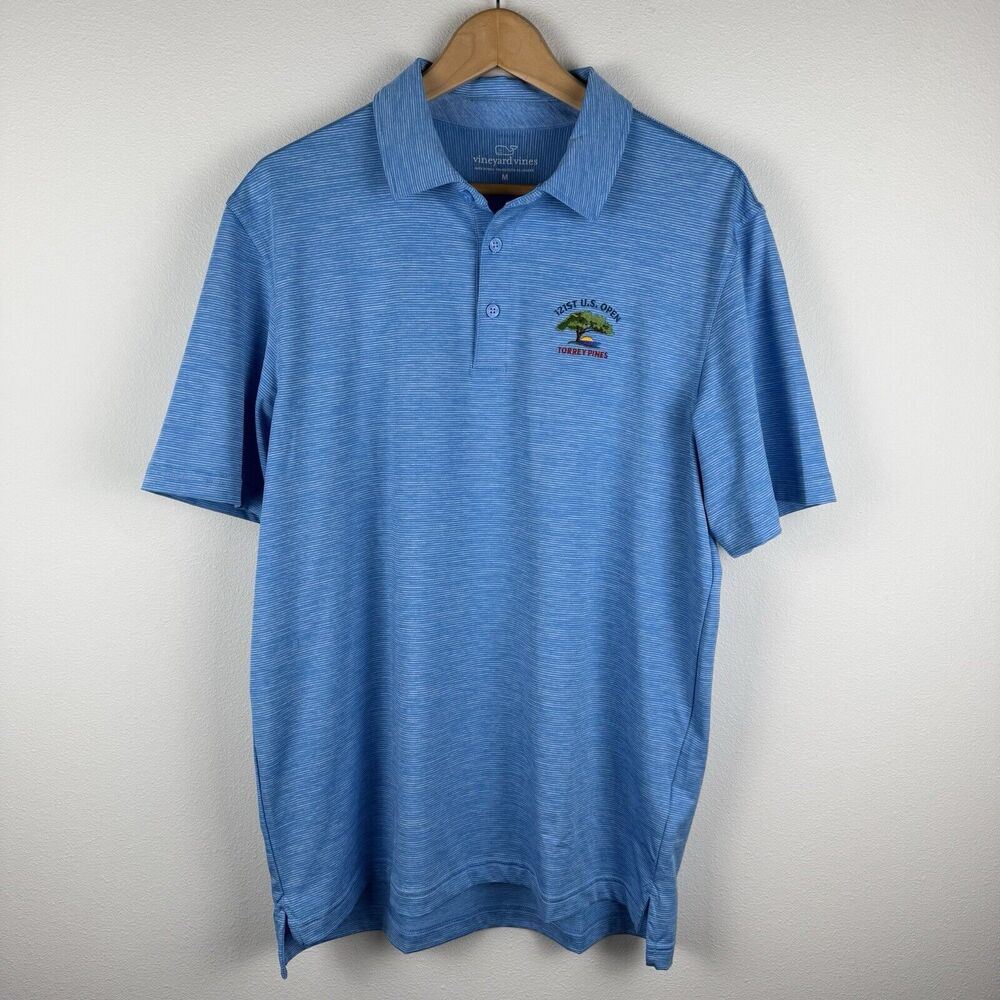 Vineyard Vines Men's Destin Stripe Golf Polo Size M Blue Performance Embroidered